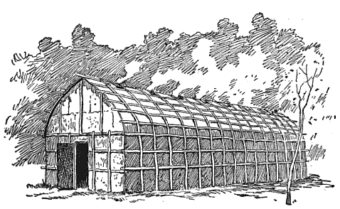 Black-and-white drawing of a longhouse with a rounded roof, wooden frame, and bark or panel covering, standing near trees.