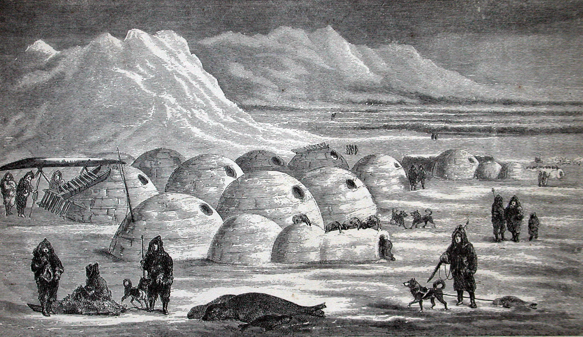 Black-and-white illustration of an Arctic village with dome-shaped igloos, people in warm clothing, sled dogs, and snowy mountains in the background.
