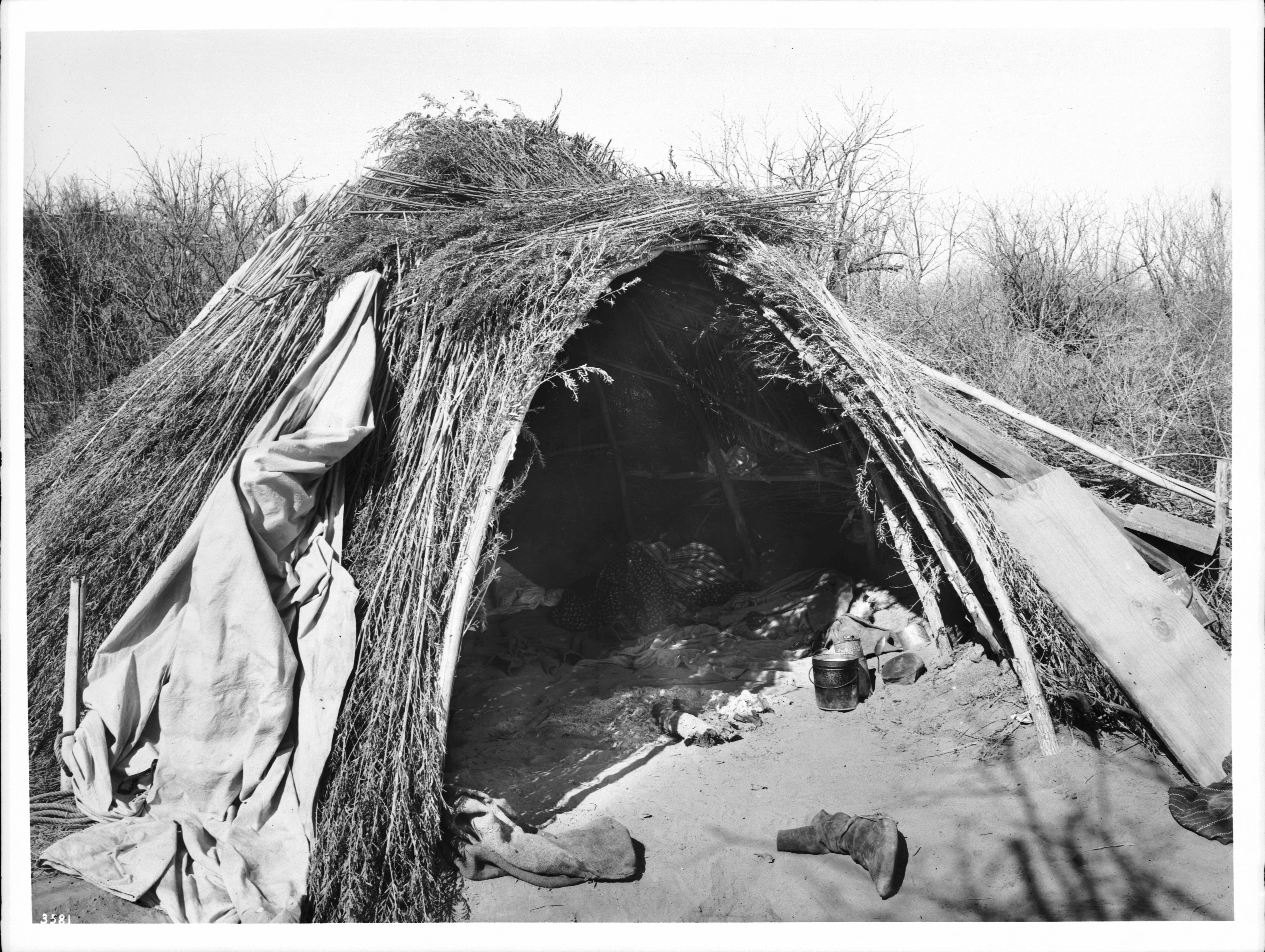 Black-and-white photograph of a brush shelter made from branches and grasses, with an open entrance and blankets or belongings inside.
