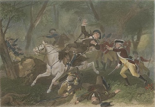 A colored print depicts a chaotic battle scene in a forest clearing, with men on horseback and on foot fighting with muskets and swords. The main figure is a man on a white horse who is falling backward while raising his hand, with two other men lying wounded on the ground in the foreground.