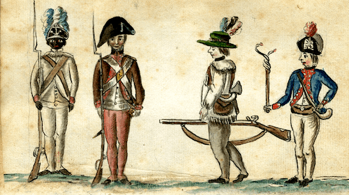 A hand-colored drawing shows four colonial soldiers standing in a row, each in a different uniform. The soldiers wear distinct hats with feathers, and the first soldier on the left is a Black man in a white uniform.