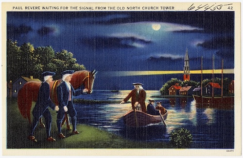 A color illustration shows a large sailing ship docked in a busy colonial port with people on its deck and in small boats nearby. In the background, a crowd of people watches from the shore, with a prominent church steeple and other city buildings visible.