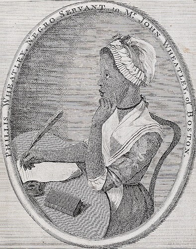 A black-and-white engraving shows a portrait of a young Black woman wearing a ruffled cap and a shawl. She is seated and holding a quill pen and paper, with her hand resting on her chin as she looks to the left.
