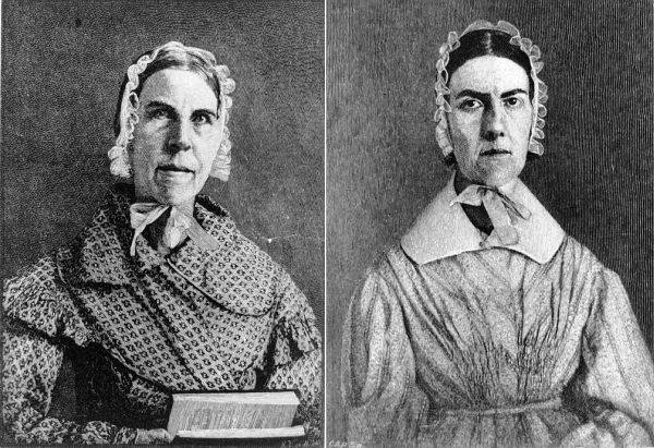 The image is a two-part image showing black and white portraits of the Grimké sisters. Sarah Grimké is on the left, holding a book, while Angelina Grimké is on the right, and both are wearing bonnets and conservative 19th-century attire.