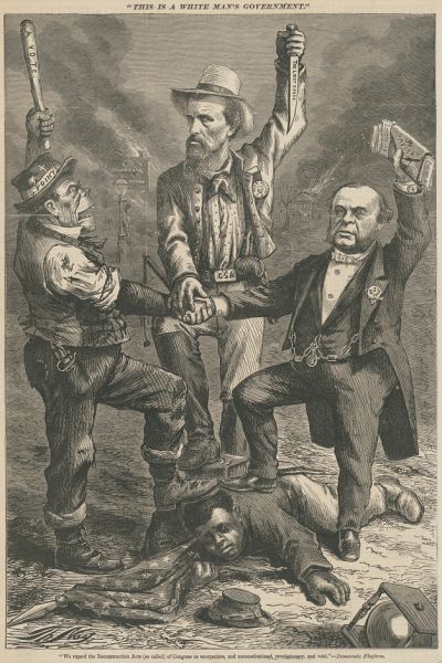 A political cartoon by Thomas Nast titled This Is a White Man's Government depicts three men standing triumphantly over a Black Union veteran who lies on the ground clutching an American flag. The three men, representing different segments of the Democratic Party, join hands while holding a club labeled A Vote, a knife labeled The Lost Cause, and a wallet labeled Capital.