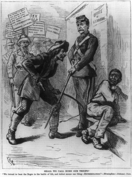 An illustration titled Shall We Call Home Our Troops? shows a U.S. Marshal standing between a Black man and an armed, aggressive white man holding a whip and a pistol. In the background, a crowd of men holds various signs with threatening messages, including KKK and calls for the extermination of Black people.