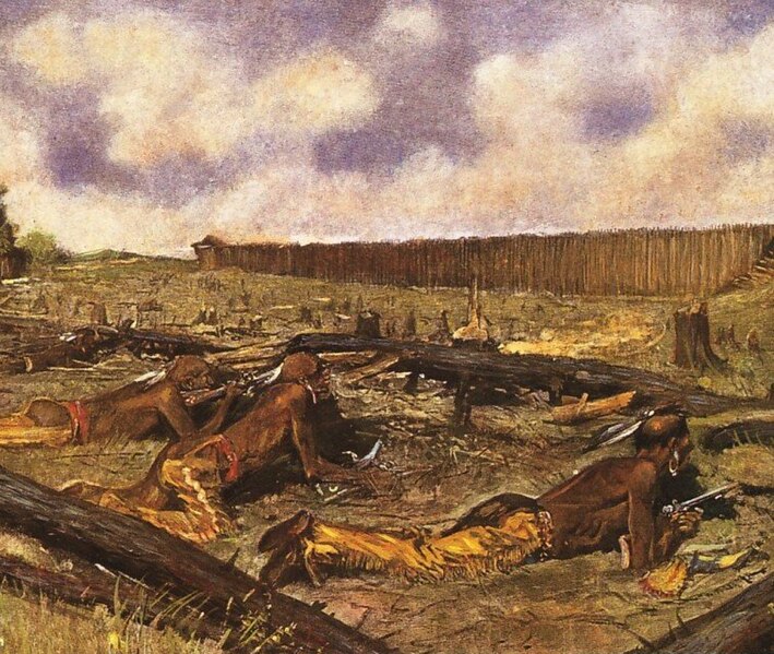 A dynamic oil painting depicts three Native American warriors, two of whom are lying prone and aiming rifles, with a third kneeling behind them, against a backdrop of a newly-cleared, desolate landscape. In the background, a large wooden palisade or fort wall stretches across the scene, representing the Siege of Fort Detroit during Pontiac's War.