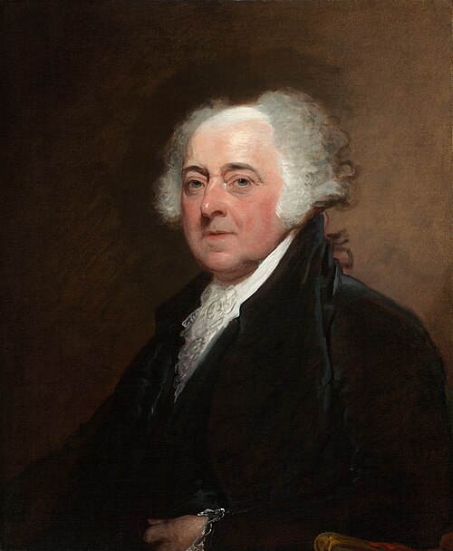 A painted portrait shows John Adams, a man with a powdered white wig and a dark coat, seated for the painting. He looks directly at the viewer with a serious expression, and his right hand is visible in his lap.