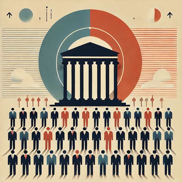 Flat graphic showing a group of identical people forming a wide base at the bottom, supporting an abstract government structure above them, suggesting power comes from the people.