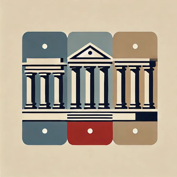 Flat graphic showing three equal, separate structures standing side by side, representing divided authority among different parts of government.