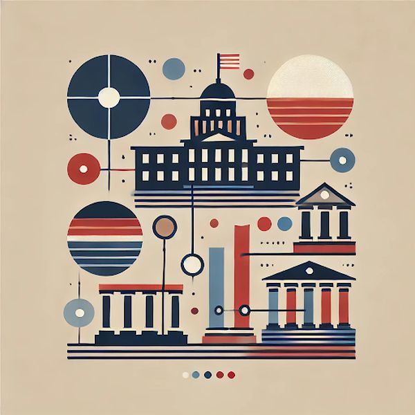 Flat graphic showing a larger structure above several smaller structures, connected to show shared power between national and state governments.