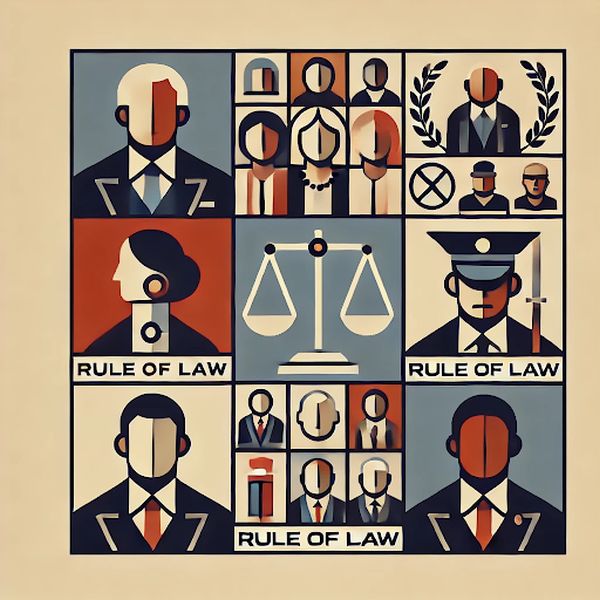 Flat graphic showing people and government symbols contained within the same structured frame, representing equal application of laws.