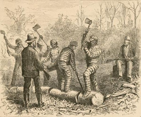 An illustration depicts several men in striped prison uniforms working outdoors to clear land or chop wood. Two white men in civilian clothing, armed with rifles, stand watch over the group from the foreground and background. 