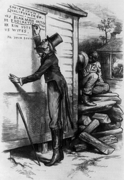 A political cartoon shows a man in a tall hat and tailcoat writing on the side of a wooden building. His writing includes misspellings and states that Black men should be educated before they can vote with white people, while a Black man sits nearby behind a pile of logs.