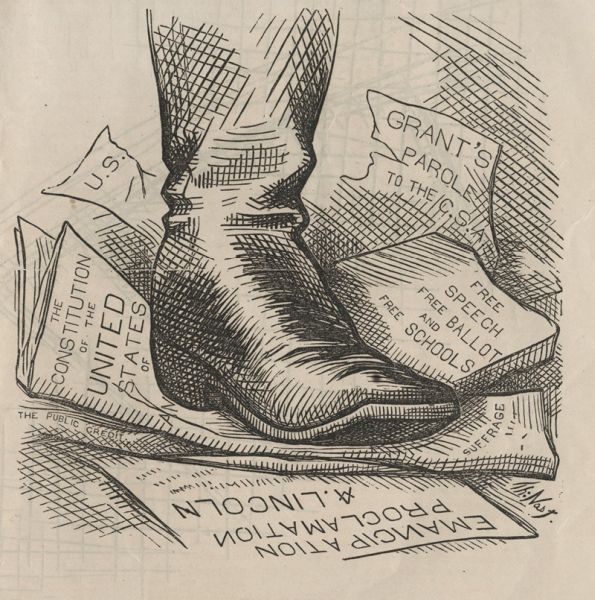 An illustration shows a large leather boot stomping down on several historical documents that have been torn into pieces. The visible text on the scraps includes references to the Emancipation Proclamation, the U.S. Constitution, and Grant’s Parole to the C.S.A.