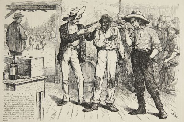 An illustration depicts a Black man standing between two white men who are both holding pistols to his head. In the background, other men watch the scene, while a doorway to the left opens onto a path where a person leads a horse.