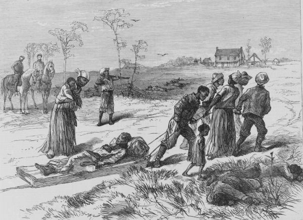 An illustration depicts a group of Black people on a dirt path, including several men pulling a wooden sled carrying a person who appears injured or deceased. In the background, two individuals on horseback and another standing with a rifle watch the group, while two additional bodies lie on the grass in the foreground. 