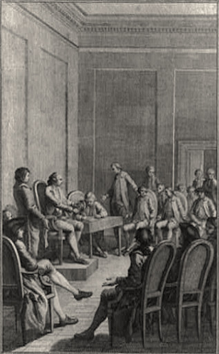 A black-and-white print shows delegates of the First Continental Congress meeting in a large, formal room. Several men are seated in chairs, while two men sit at a raised table in the center.