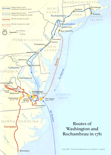 A map shows the military routes of American and British forces in the eastern United States in 1781. The routes of Washington and Rochambeau's allied forces are marked with blue arrows, while the route of Cornwallis's British troops is marked with red arrows, culminating in the battle at Yorktown.