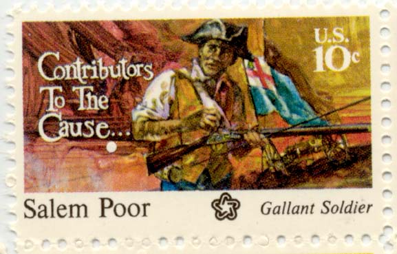 A U.S. postage stamp shows a portrait of a colonial-era soldier, identified as Salem Poor, in a tricorn hat and waistcoat. The text