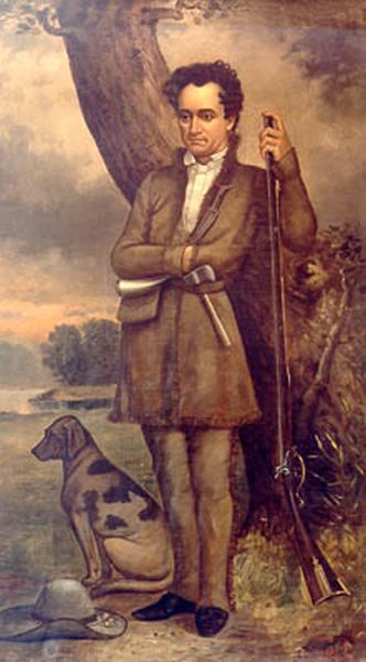 A full-length, vertical oil portrait depicts Stephen F. Austin, the