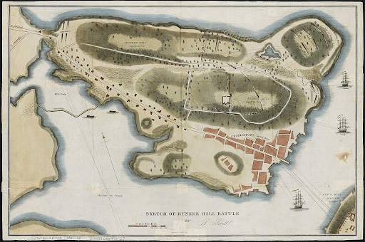 A hand-colored sketch of the Battle of Bunker Hill shows a map of the Charlestown peninsula, with hills labeled