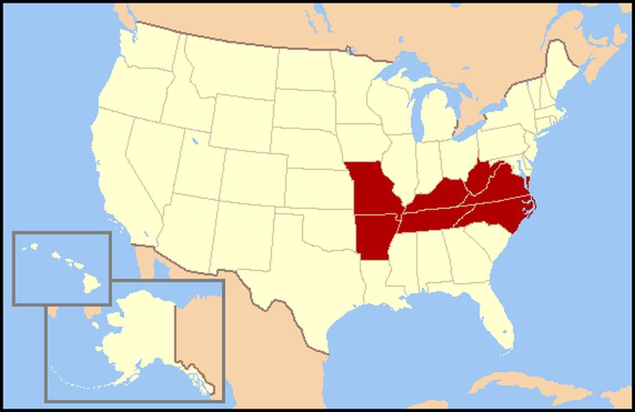 A map of the contiguous United States highlights a band of states in the Southeast and Mid-Atlantic regions in red, which corresponds to a common definition of the Upper South. The states shaded are Virginia, West Virginia, North Carolina, Kentucky, Tennessee, and the northern parts of Arkansas and Oklahoma.