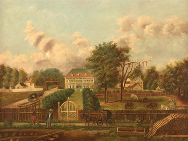 This is a painting of a large Southern plantation or estate, featuring a prominent, multi-story white house with green trim set upon a hill, surrounded by lush trees and manicured grounds. In the foreground, figures of African Americans are depicted, some standing near a wooden fence and ornate gate, while a horse-drawn carriage moves along the dirt road, illustrating the social landscape of the time.