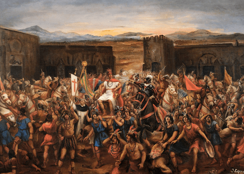 An oil painting depicts the climactic Battle of Cajamarca, showing the capture of the Inca Emperor Atahualpa by Spanish conquistadors. In the chaotic scene, Atahualpa is central, seated on a litter, surrounded by his retinue and a throng of Inca warriors, who are being overwhelmed by armed Spanish soldiers on horseback.