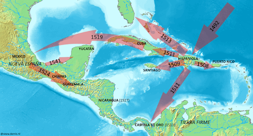A map of the Caribbean and Central America shows the routes of Spanish exploration and colonization with red arrows and dates. The earliest arrow, dated 1492, points to Hispaniola, while later arrows show expansion to Puerto Rico (1508), Cuba (1511), Castilla de Oro (1513), Mexico/Nueva España (1519 and 1541), and Nicaragua (1524), among other areas.