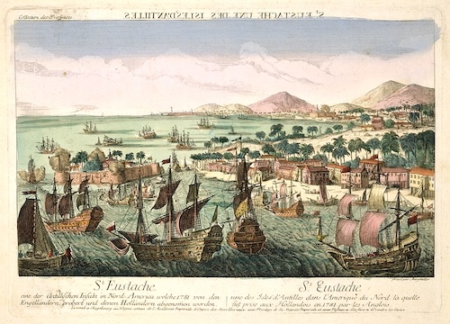 A detailed color print shows a busy port filled with many sailing ships in the foreground. The background features a town on a shore lined with palm trees, with hills rising up behind it.