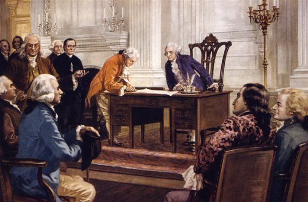 Historical illustration depicting a group of men gathered indoors around a table, engaged in discussion and writing as they draft the Articles of Confederation in the late eighteenth century.