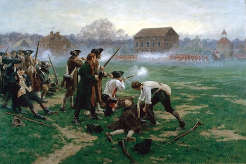 A painting of the Battle of Lexington depicts a confrontation between colonial militiamen and British soldiers on a grassy field. In the foreground, several colonists are shown falling or injured, while in the background, a line of red-coated soldiers fires a volley.