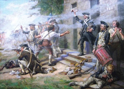 A painted scene shows American militiamen firing on British soldiers in the background, with smoke filling the air. In the foreground, men stand and lie on the steps of a building with books and papers scattered around them.