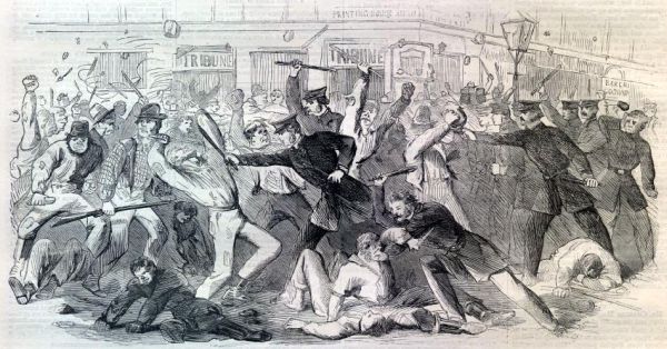 This black-and-white sketch shows a violent street brawl in front of buildings labeled 
