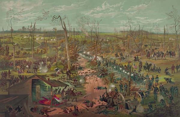 A vibrant color lithograph depicts the Battle of Shiloh as a massive, chaotic engagement across a wide field filled with thin, broken trees. In the foreground, Union soldiers in blue uniforms fire rifles from behind a small wooden structure and a dirt path, while the distance is filled with advancing lines of troops and thick clouds of white battle smoke.