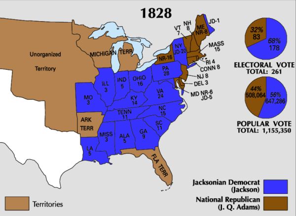 A map shows the electoral and popular vote results of the 1828 U.S. presidential election between Andrew Jackson and John Quincy Adams. States won by Jackson are colored blue, while those won by Adams are brown, with pie charts on the right showing the final vote totals.