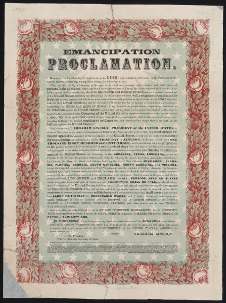 The Emancipation Proclamation is printed in a bold, decorative font on a light blue background speckled with white stars. A thick, ornate border made of pink and red roses and green leaves surrounds the entire text of the document.