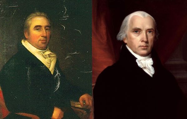 Side-by-side painted portraits of two early American statesmen. On the left, a man with dark hair wears a black coat and light cravat, seated with one hand resting near a desk against a dark background. On the right, a man with white hair wears a black coat and white cravat, posed in front of a deep red draped backdrop.