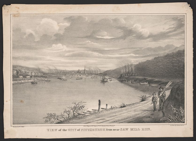 A mid-19th-century lithograph depicts a wide view of a river with a bustling industrial city of Pittsburgh in the distance, marked by numerous smokestacks and a central spire. In the foreground, two figures, one carrying a paddle or oar, walk along a dirt path beside the river, which features a steamboat and smaller rowboats.