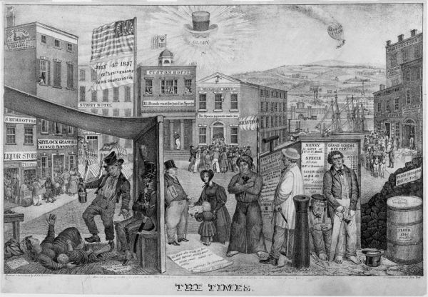 A satirical political cartoon titled 'the  times' depicts a chaotic and distressed street scene in 1837, reflecting panic of with people suffering businesses failing. it shows man collapsing from hunger, crowd