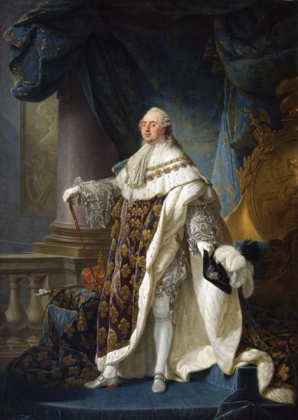 An oil portrait depicts King Louis XVI of France standing in elaborate coronation robes patterned with gold fleur-de-lis and a white ermine-lined cloak. He holds a sceptre in one hand and a feathered hat in the other, posed before heavy blue drapes near a crown resting on a cushion. 