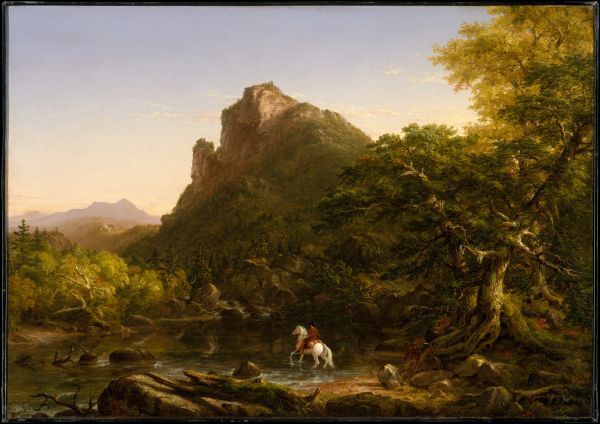 A sweeping 19th-century landscape painting of a mountain scene, dominated by a large, craggy peak covered in green foliage. A lone figure on a white horse, wearing a red coat, is visible in the foreground, wading through a shallow body of water surrounded by dense trees.