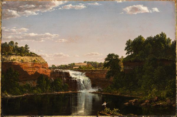 A 19th-century American landscape painting, Lower Falls by Thomas Cole, depicting a waterfall cascading over reddish-brown rocky cliffs into a dark pool. A small figure of a fisherman is visible in the lower right foreground, while a modest house sits atop the cliff overlooking the falls in the distance.