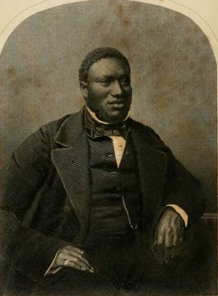  A black and white portrait depicts Samuel Ringgold Ward, a formally dressed Black man seated and looking toward the right. He is wearing a dark suit, a vest, and a white shirt with a bow tie, reflecting the fashion of the mid-19th century.