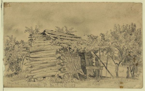 A small log slave cabin stands surrounded by trees, with a rough wooden roof and a shaded area in front. Several figures are visible near the cabin, suggesting daily life within an enslaved community.