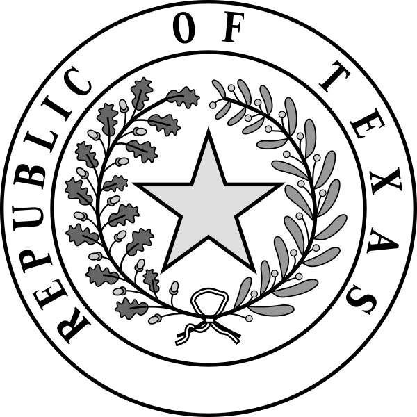 A black and white rendering of the Seal of the Republic of Texas is shown, featuring a gray five-pointed star in the center encircled by a wreath of oak and olive branches tied with a bow. The design is bordered by an outer ring with the text