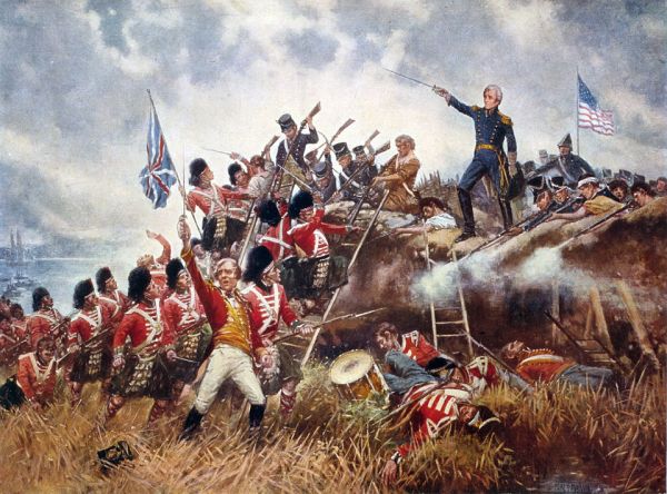 A dynamic historical painting depicts the Battle of New Orleans, showing General Andrew Jackson standing on a barricade and leading American troops against advancing British forces. The foreground is filled with the chaotic scene of the battle, featuring fallen soldiers, a drum, and a British officer in a red coat raising his sword.