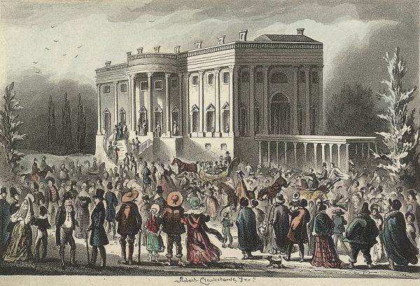 A crowded historical illustration shows people of all classes gathered outside the White House, with a horse-drawn carriage pulling a figure toward the entrance. The image captures the chaotic and celebratory scene of a presidential inauguration, with the neoclassical architecture of the White House serving as a backdrop.