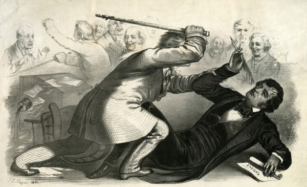 An 1856 political lithograph depicts the violent caning of Senator Charles Sumner by Representative Preston Brooks on the Senate floor. Sumner falls back clutching a quill and a document labeled